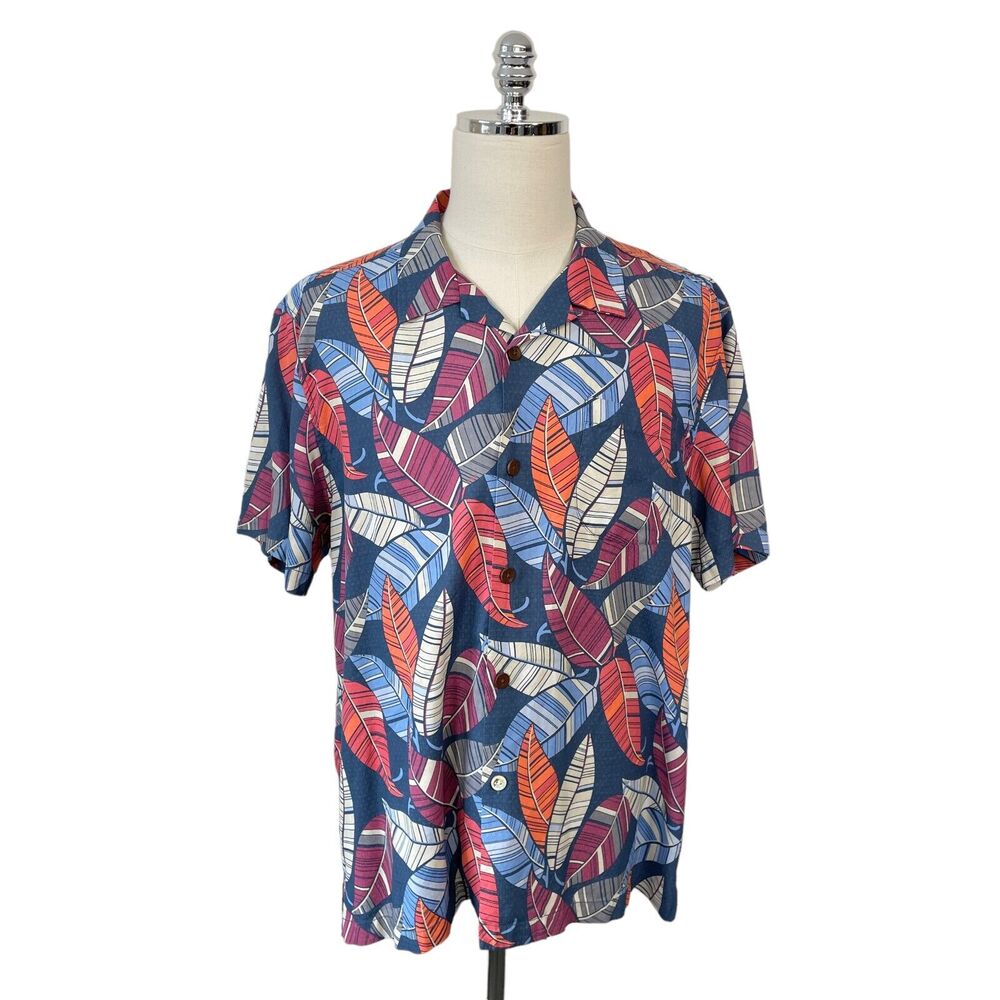 Tommy Bahama Men's XL 100% Silk Hawaiian Leaf Print Red Blue Short Sleeve Shirt